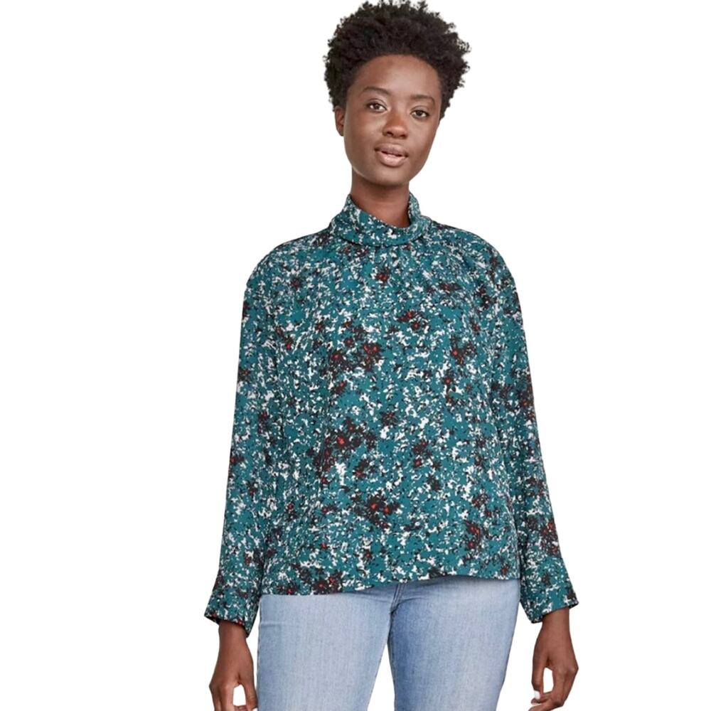 Elizabeth and James Teal Abstract Mock Neck Irina Petals Top Size Medium